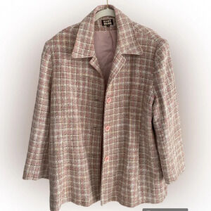 Vintage Lightweight 100% Wool Tweed Plaid Pink Single-Breasted Blazer Size X